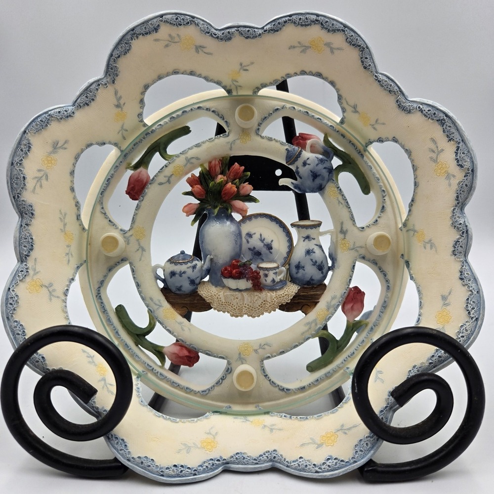 3D Hand painted Blue Floral Tea Set Design Resin Serving Plate 8.5x2.5" VTG Rare